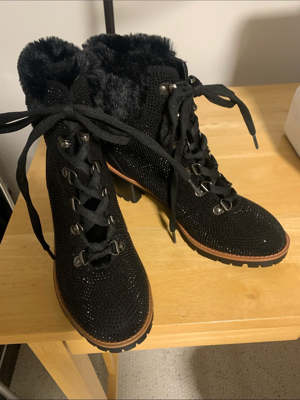 Nanette Lepore Black Fur-Trim Lace-Up Crystal Boots
